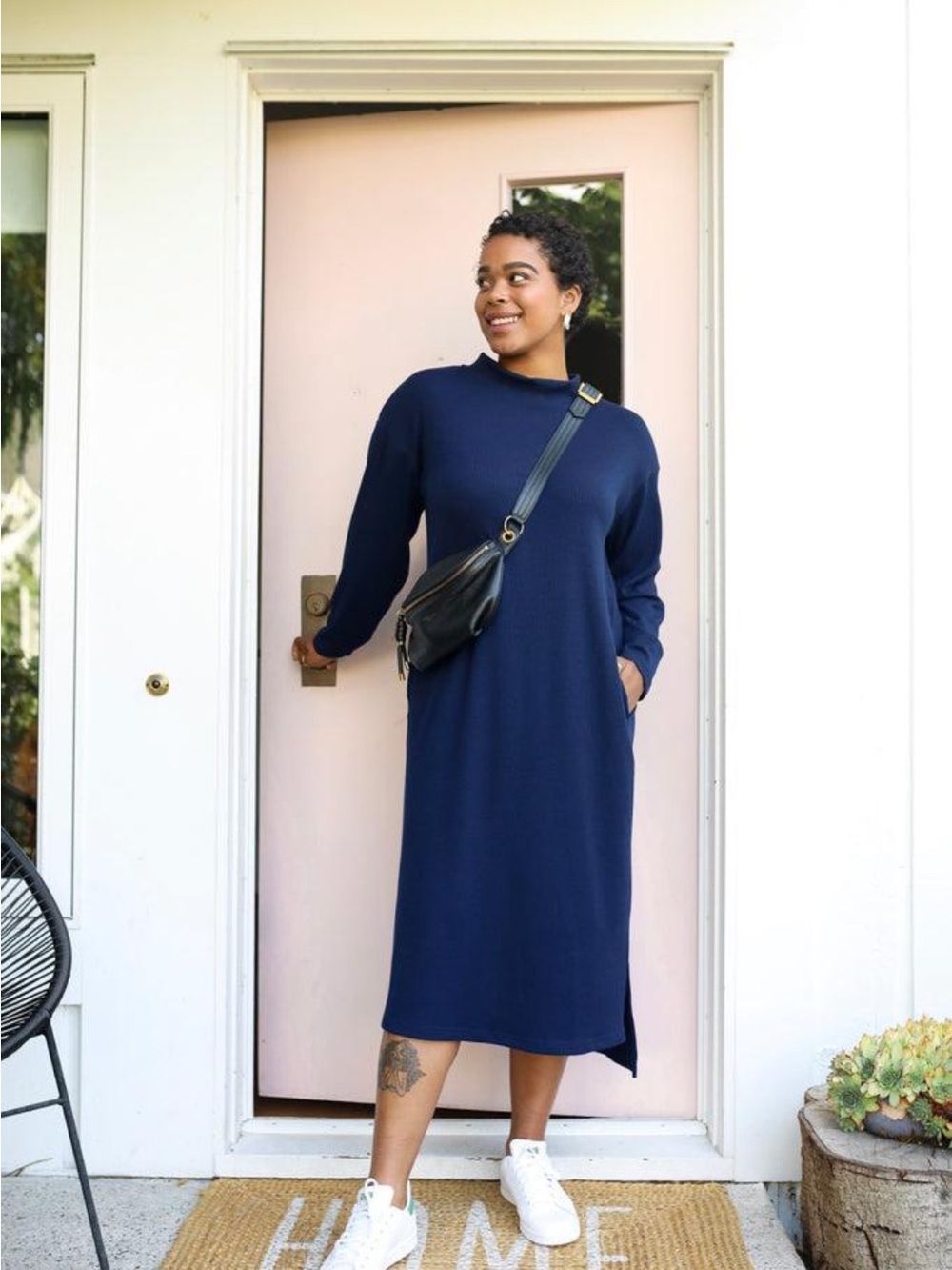 Smash + Tess Winter Lounger Navy Ribbed Mock Neck Dress XS